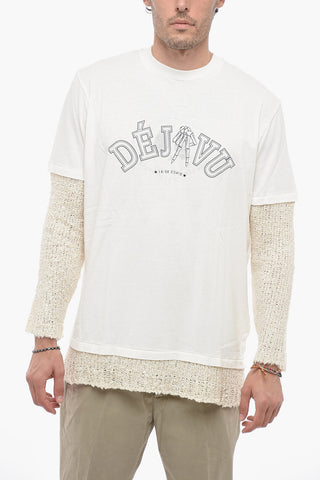 Printed Crewneck T-shirt With Linen Blend Sleeves