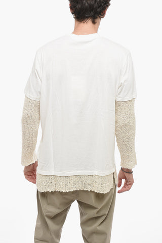 Printed Crewneck T-shirt With Linen Blend Sleeves