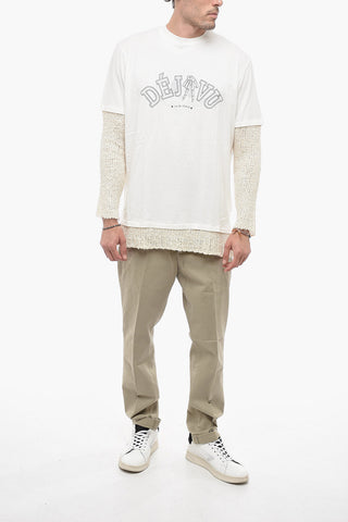 Printed Crewneck T-shirt With Linen Blend Sleeves