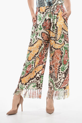 Patterned Silk Gaucho Pants with Fringed Bottom