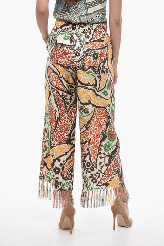 Patterned Silk Gaucho Pants with Fringed Bottom