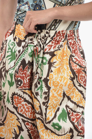 Patterned Silk Gaucho Pants with Fringed Bottom