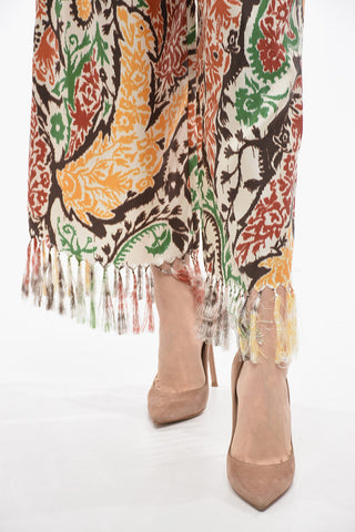 Patterned Silk Gaucho Pants with Fringed Bottom