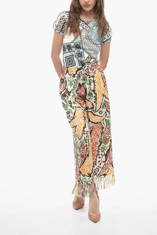 Patterned Silk Gaucho Pants with Fringed Bottom