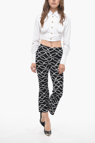 Stretch Fabric Cropped Fit Pants with Chain Motif