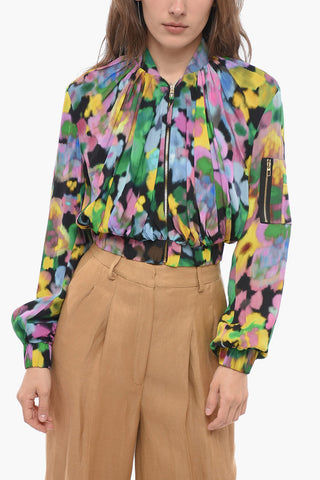Crepè Viscose Cropped Fit Bomber Jacket with Floral Motif