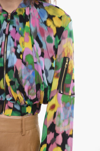 Crepè Viscose Cropped Fit Bomber Jacket with Floral Motif