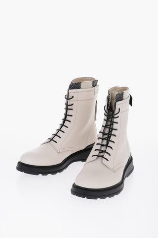 Textured Leather Combat Boots with Buffalo Check Detail