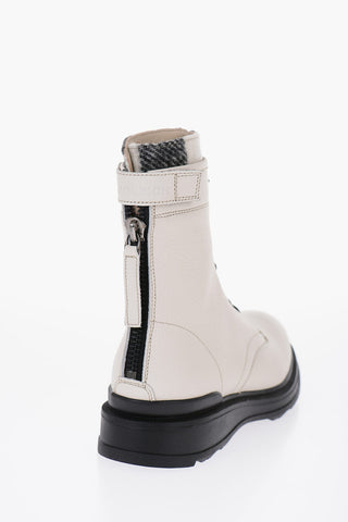 Textured Leather Combat Boots with Buffalo Check Detail