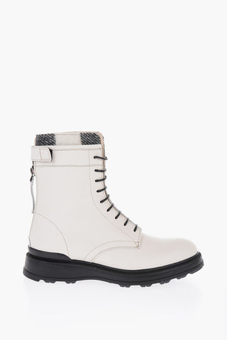 Textured Leather Combat Boots with Buffalo Check Detail