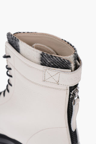 Textured Leather Combat Boots with Buffalo Check Detail