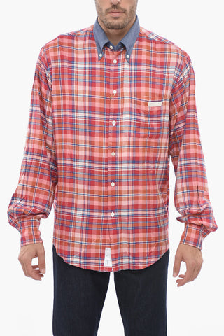 Button Down Collar Checked Asymmetrical Shirt