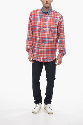 Button Down Collar Checked Asymmetrical Shirt