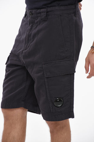 Shorts Cargo in Cotone e Lino a Tinta Unita
