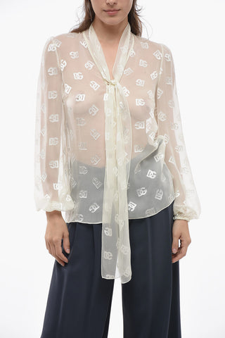 Tie Neck Monogram Silk Blend Shirt