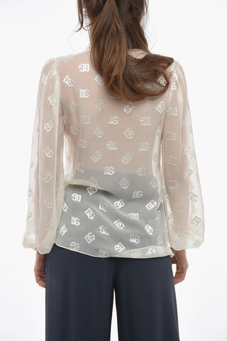 Tie Neck Monogram Silk Blend Shirt