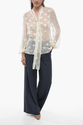 Tie Neck Monogram Silk Blend Shirt