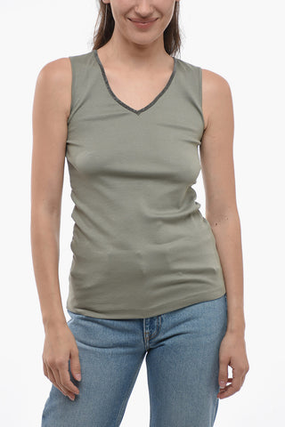 Tank Top in Cotone Stretch con Bordi Gioiello