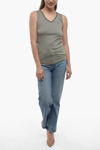 Tank Top in Cotone Stretch con Bordi Gioiello