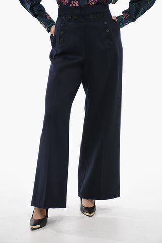Virgin Wool Palazzo Pants with Double-breasted Design