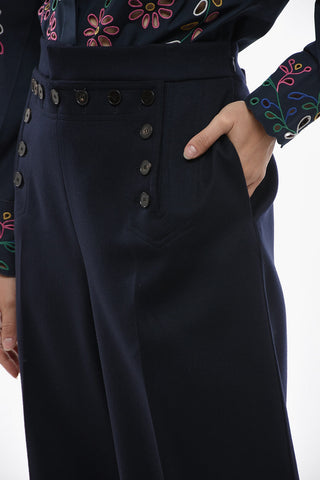 Virgin Wool Palazzo Pants with Double-breasted Design