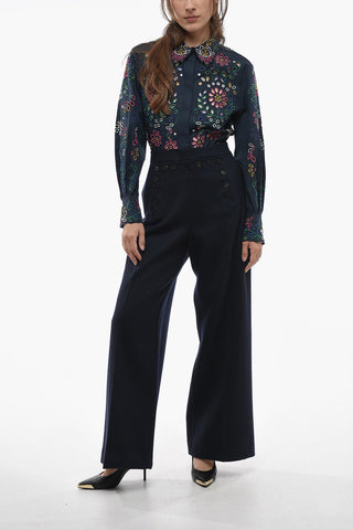 Virgin Wool Palazzo Pants with Double-breasted Design