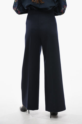 Virgin Wool Palazzo Pants with Double-breasted Design