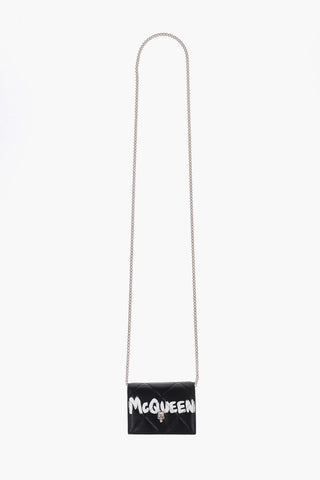 Quilted Leather Card Holder with Printed Logo and Silver-Tone Chain
