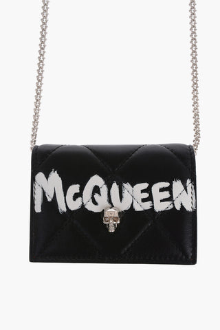 Quilted Leather Card Holder with Printed Logo and Silver-Tone Chain