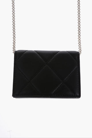 Quilted Leather Card Holder with Printed Logo and Silver-Tone Chain
