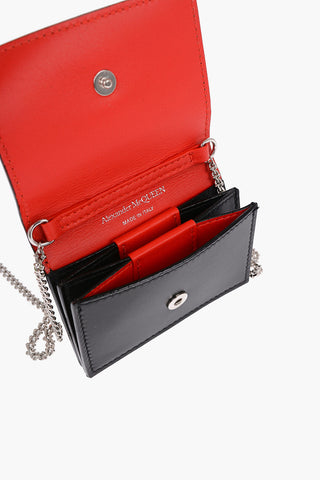 Quilted Leather Card Holder with Printed Logo and Silver-Tone Chain