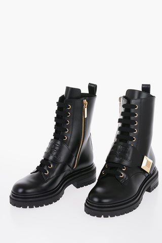 Leather Combat Booties with Logoed Ankle Strap