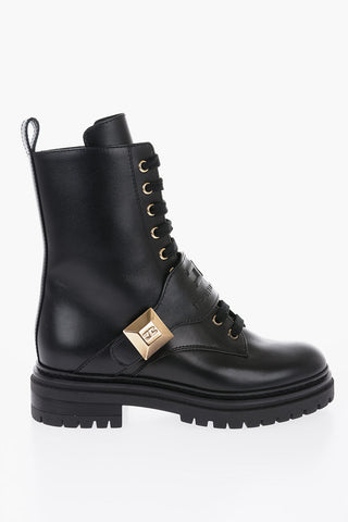 Leather Combat Booties with Logoed Ankle Strap