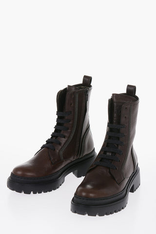 Textured Leather Combat Boots with Microbeads Detailing