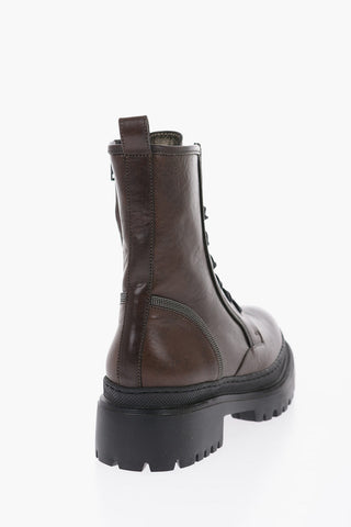 Textured Leather Combat Boots with Microbeads Detailing