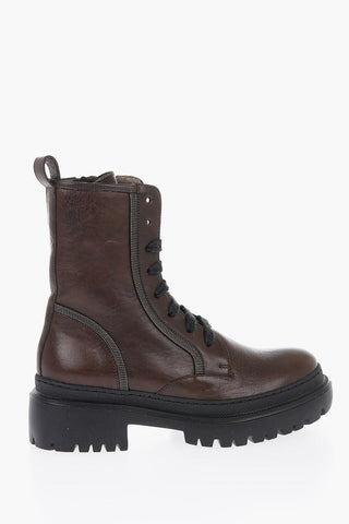 Textured Leather Combat Boots with Microbeads Detailing