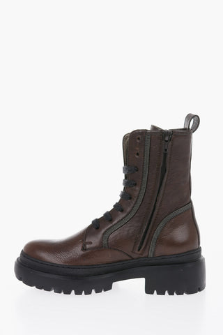 Textured Leather Combat Boots with Microbeads Detailing