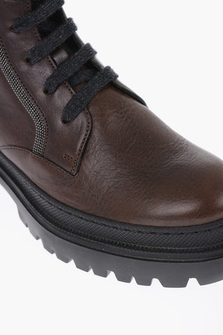 Textured Leather Combat Boots with Microbeads Detailing