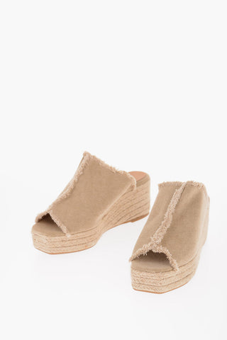 Open Toe Canvas Mules with Raffia Wedge