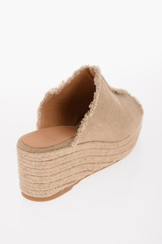 Open Toe Canvas Mules with Raffia Wedge