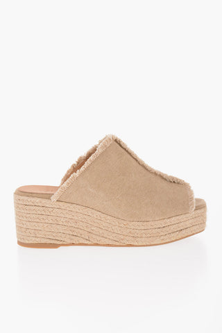 Open Toe Canvas Mules with Raffia Wedge