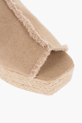 Open Toe Canvas Mules with Raffia Wedge