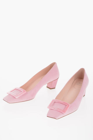 Squared Toe BELLE Suede Pumps with Murble Buckle 5cm