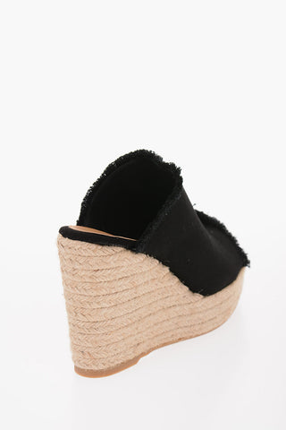 Mules Open Toe in Canvas con Zeppa in Rafia