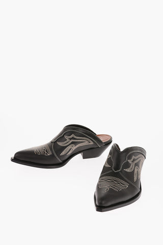 Western Design Leather Mules with Visible Stitchings