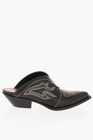 Western Design Leather Mules with Visible Stitchings