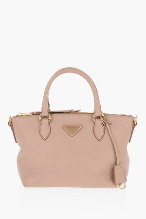 Grained Leather Handbag with Logo Plaque