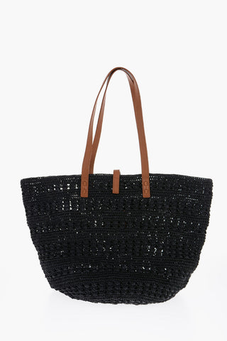 Rafia Tote Bag with Leather Handles