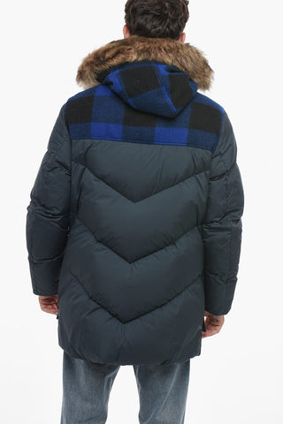 Utility Down Jacket with Buffalo Check Details and Detachable Real Fur Trim