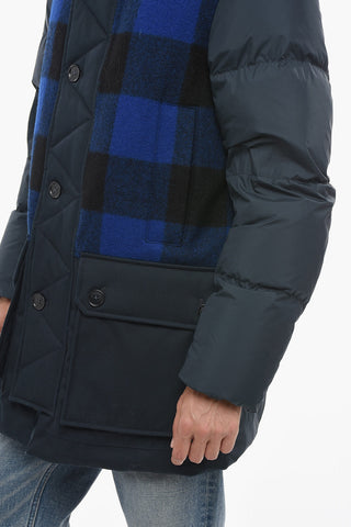 Utility Down Jacket with Buffalo Check Details and Detachable Real Fur Trim